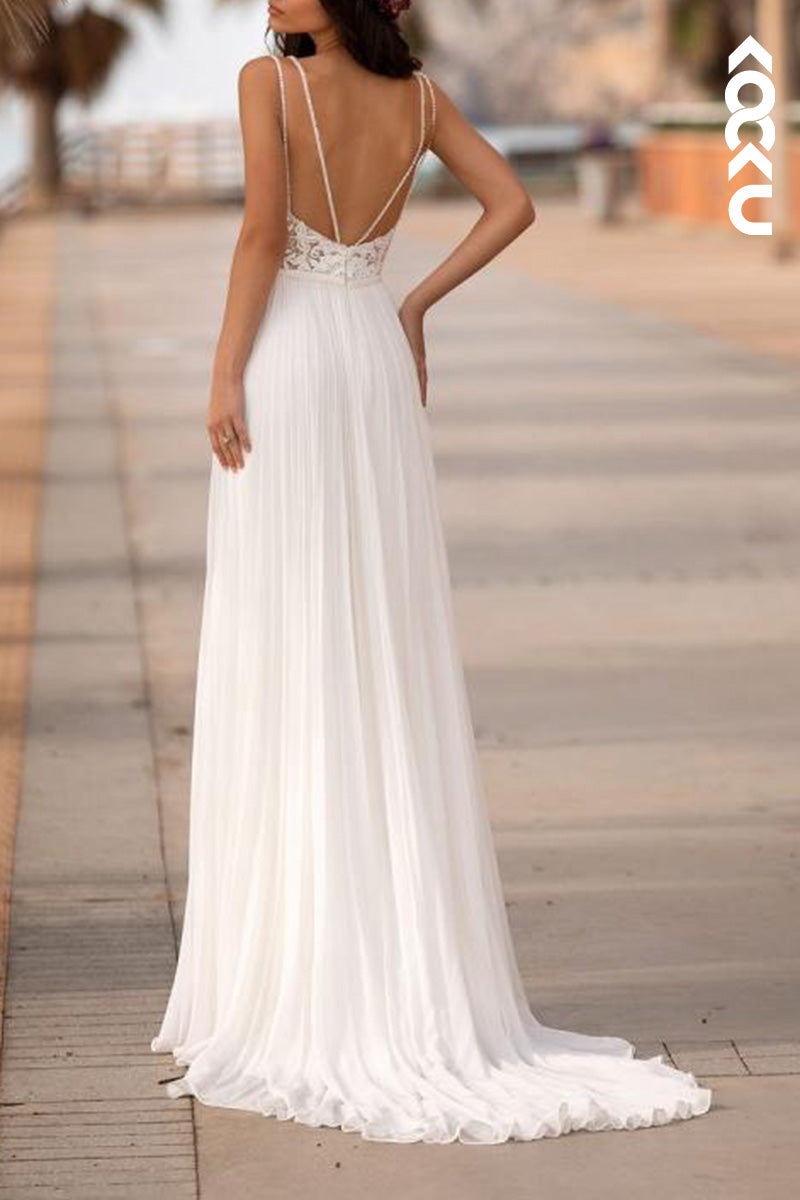 K1530 - Low V-Neck Spaghetti Straps Sheer Lace Tulle A-Line Long Wedding Dress