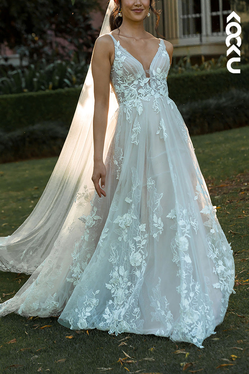 K1531 - Low V-Neck Lace Appliqued Sheer Tulle A-Line Long Wedding Dress