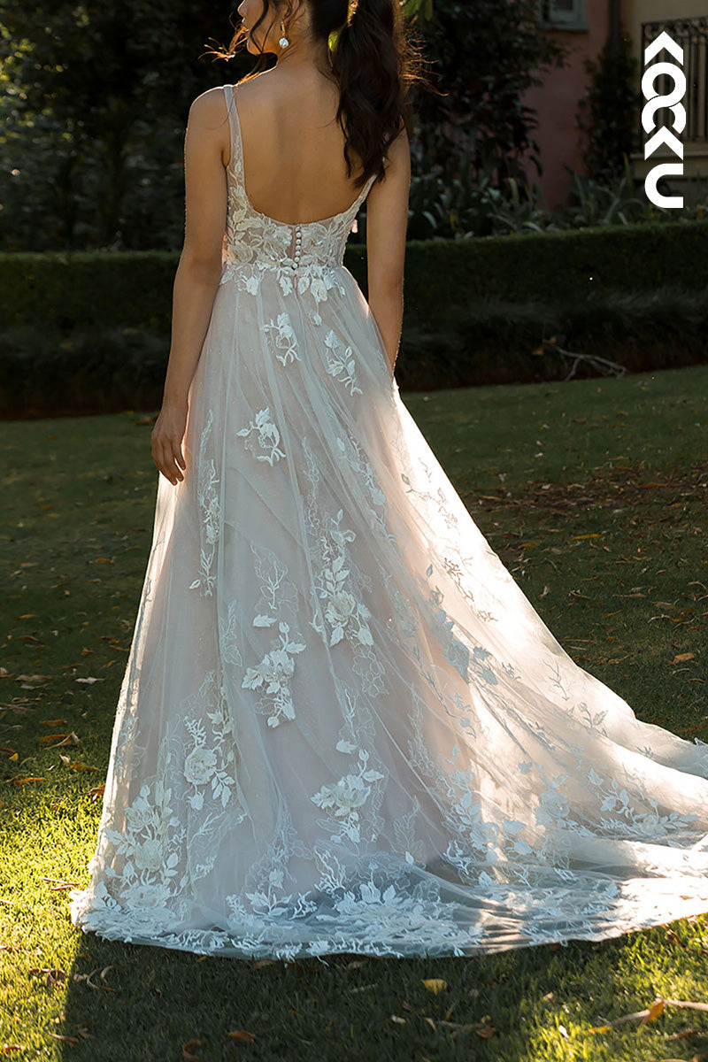 K1531 - Low V-Neck Lace Appliqued Sheer Tulle A-Line Long Wedding Dress