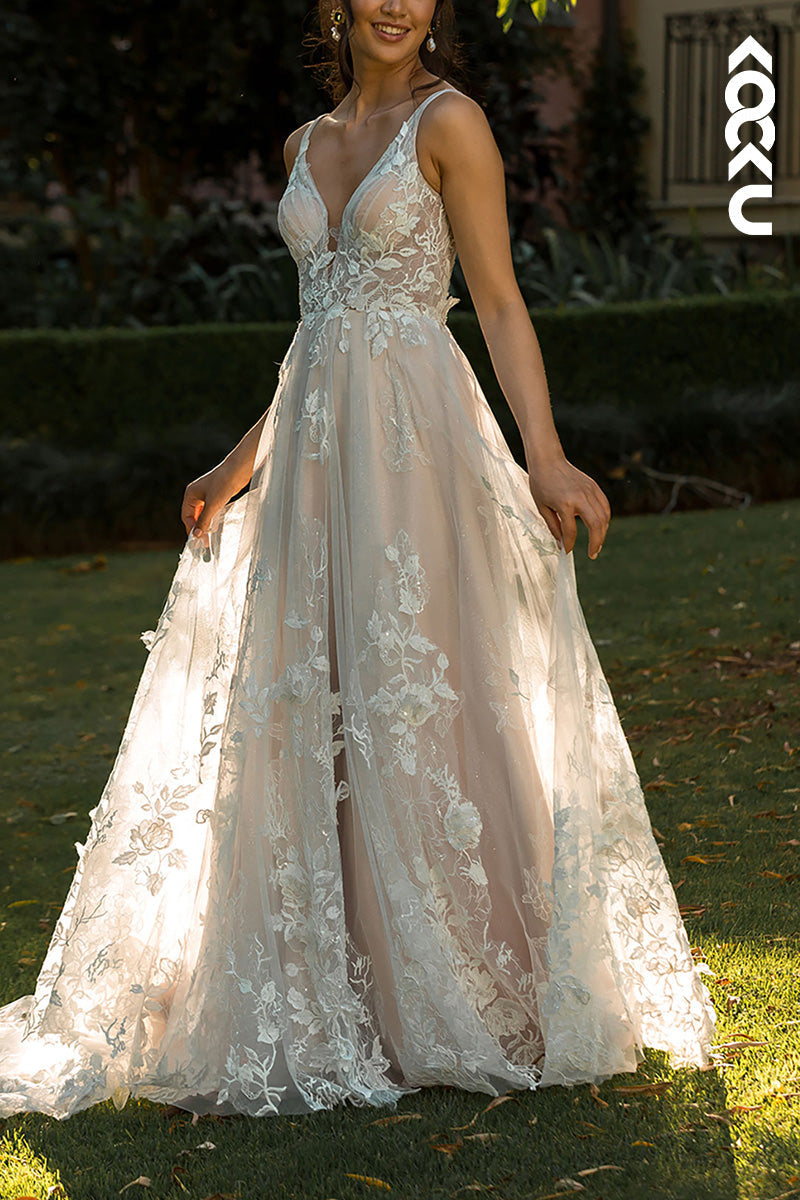 K1531 - Low V-Neck Lace Appliqued Sheer Tulle A-Line Long Wedding Dress