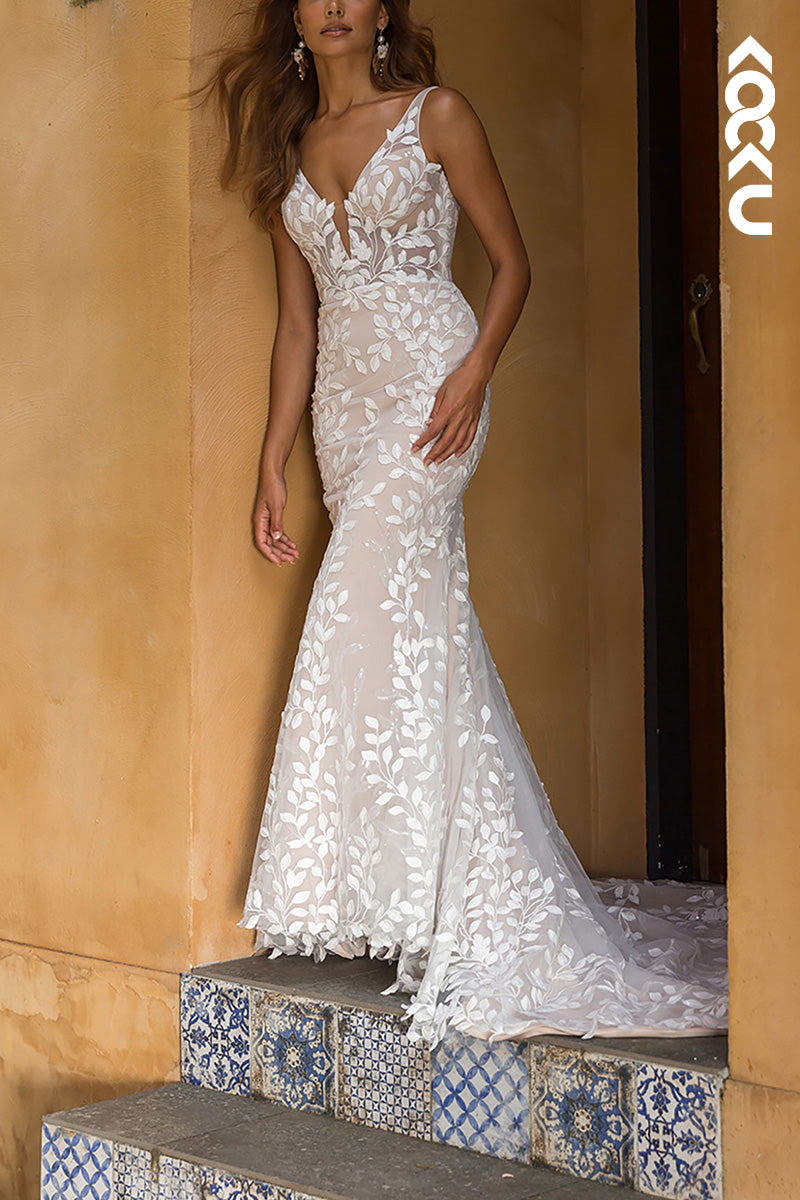 K1532 - Low V-Neck Lace Appliqued Sheer Tulle Mermaid Long Wedding Dress