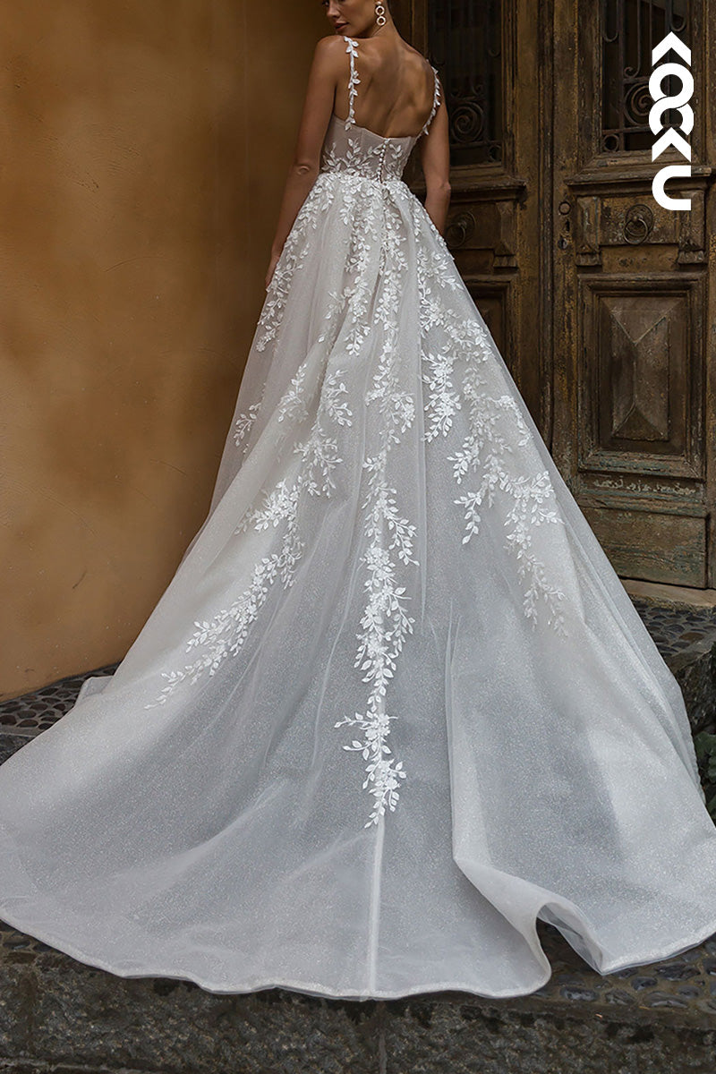 K1533 - Square Neck Lace Appliqued Sheer Tulle A-Line Long Wedding Dress