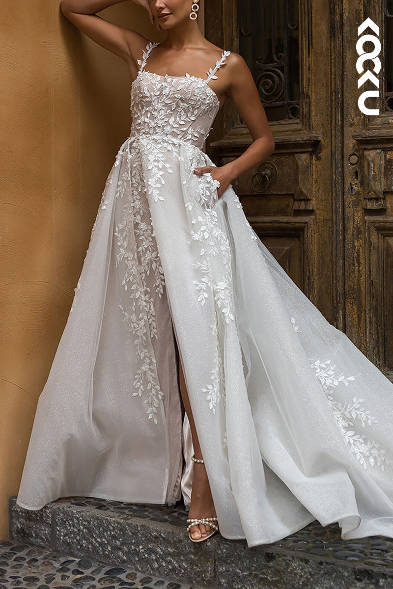 K1533 - Square Neck Lace Appliqued Sheer Tulle A-Line Long Wedding Dress