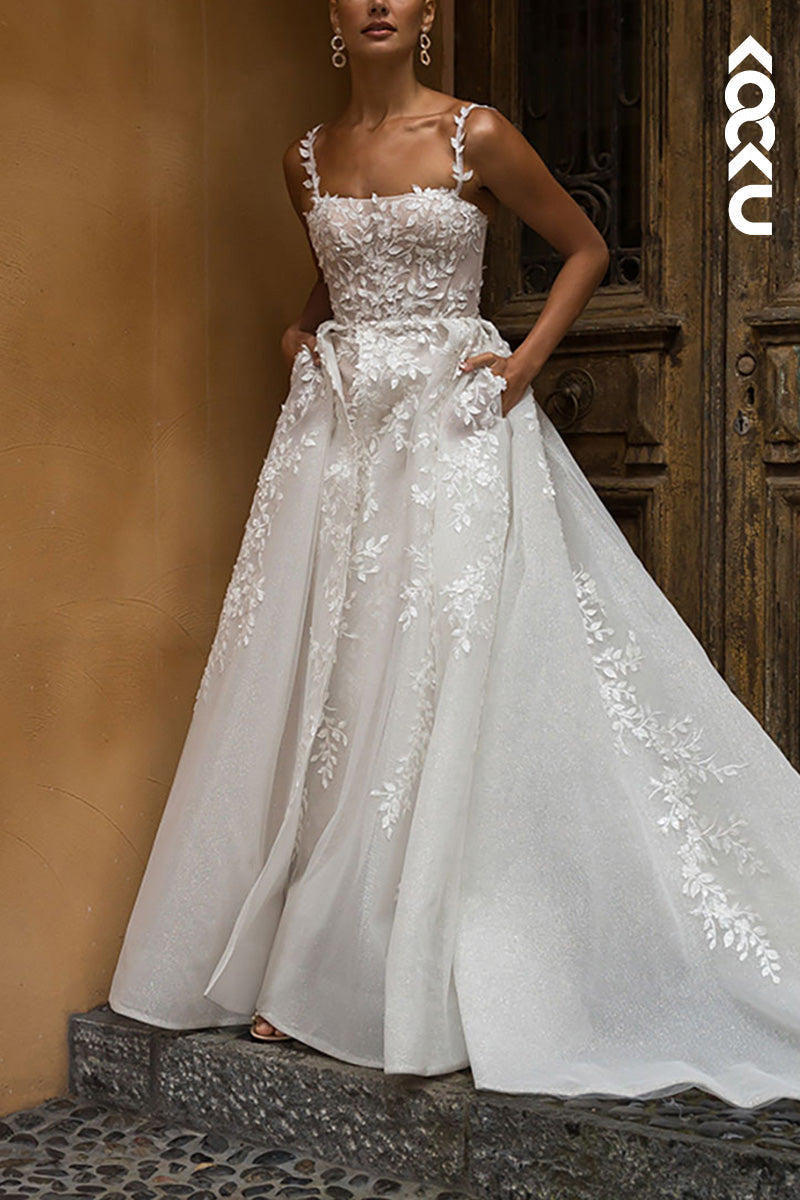 K1533 - Square Neck Lace Appliqued Sheer Tulle A-Line Long Wedding Dress