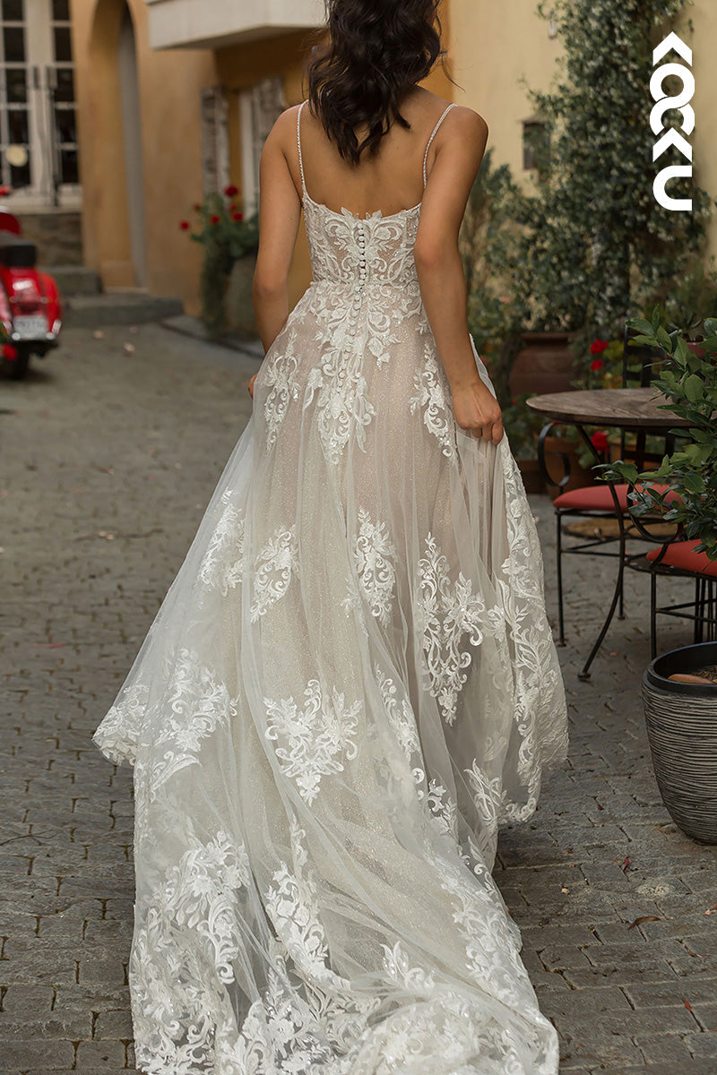 K1534 - Square Neck Lace Appliqued Sheer Tulle A-Line Long Wedding Dress