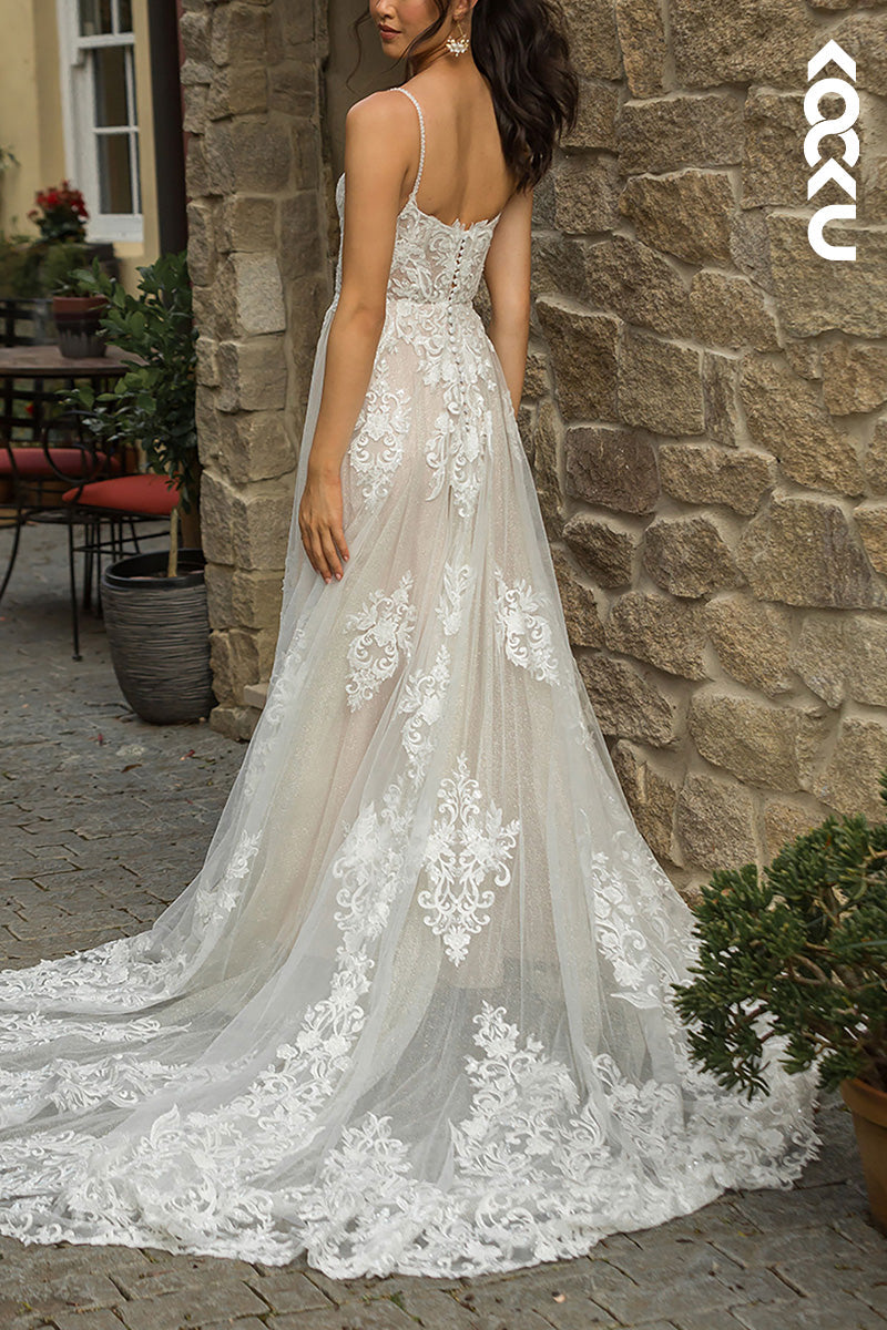 K1534 - Square Neck Lace Appliqued Sheer Tulle A-Line Long Wedding Dress