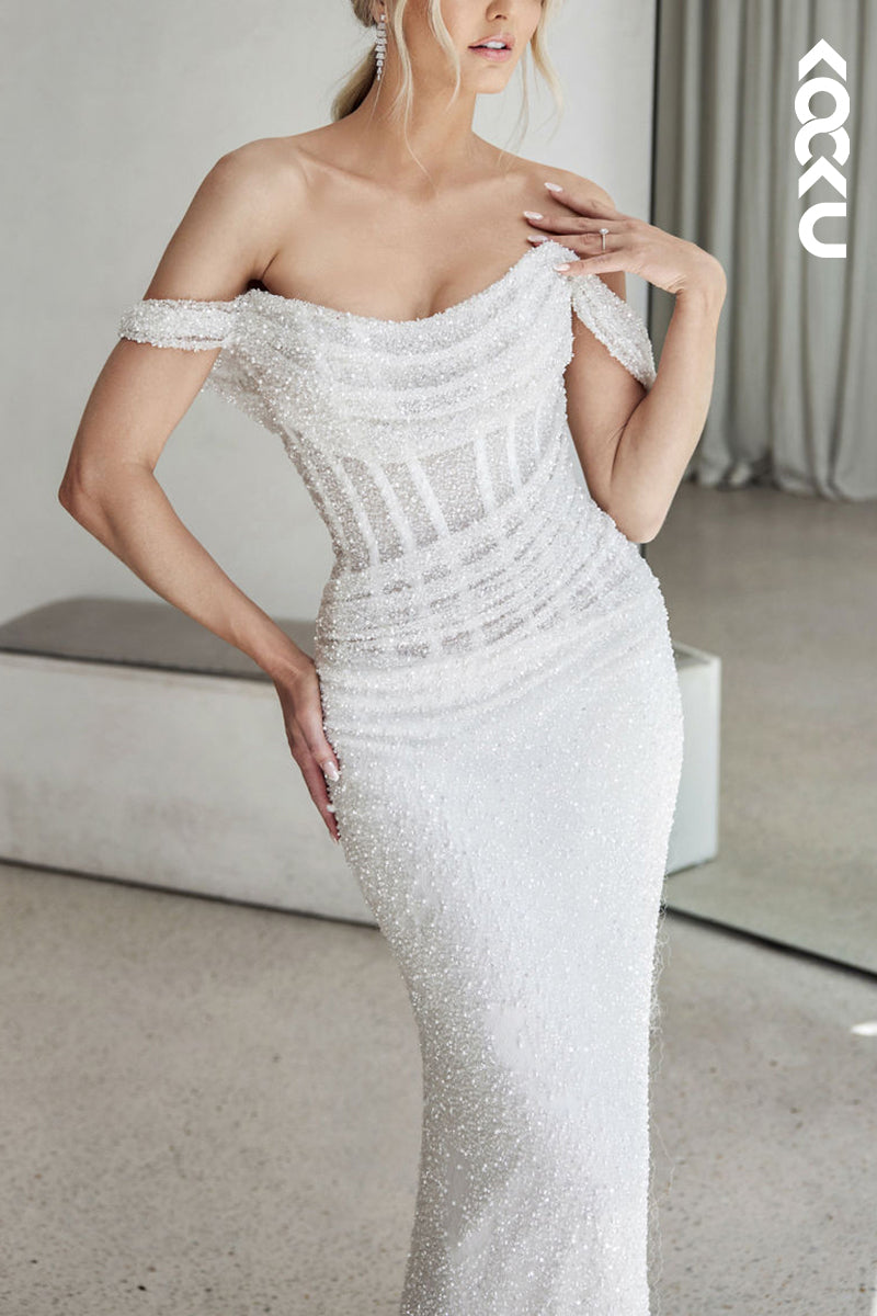 K1535 - Bateau Off-Shoulder Sheer Ruched Sequins Mermaid Long Wedding Dress