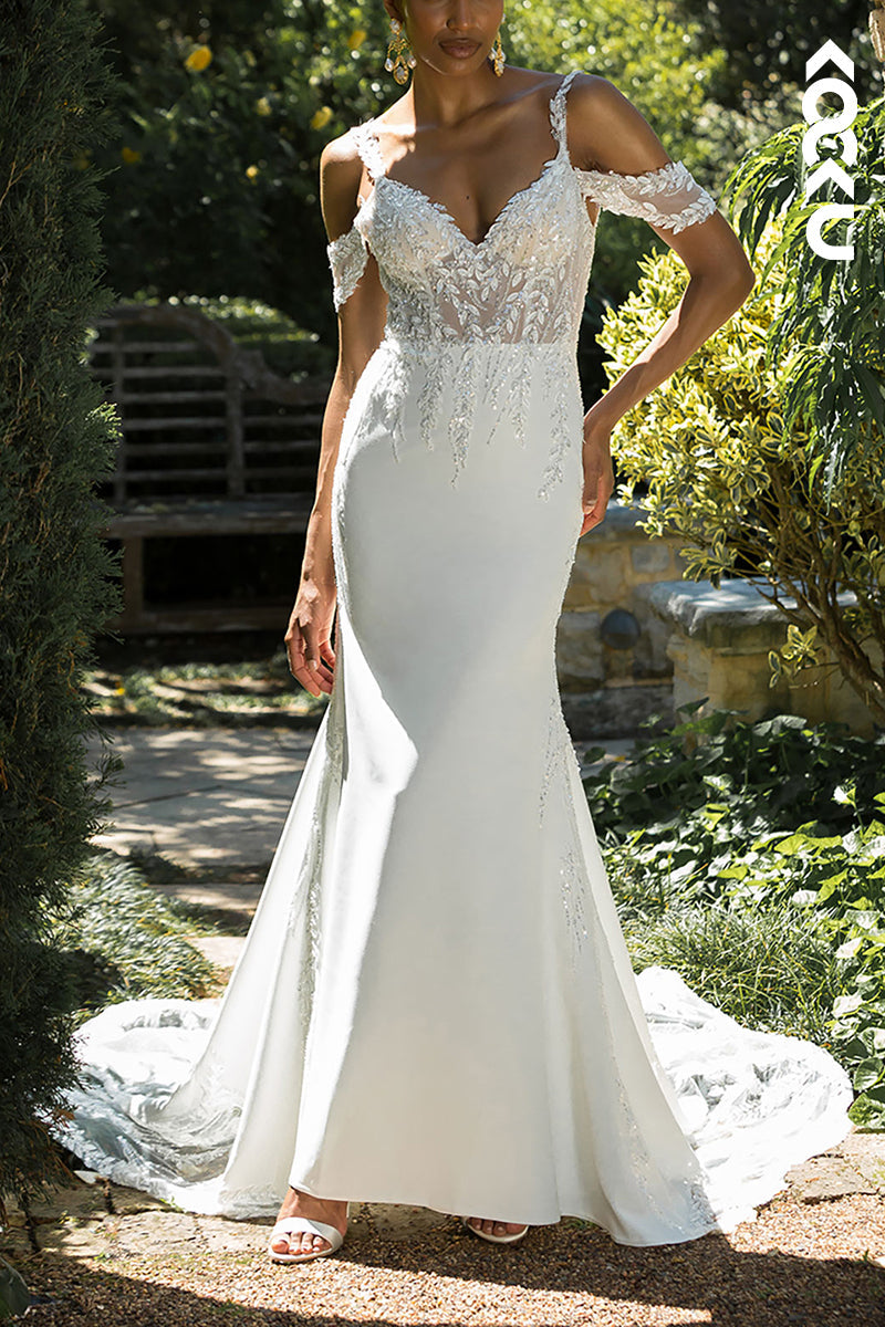 K1538 - Off-Shoulder Beaded Appliqued Tulle Satin Mermaid Long Wedding Dress