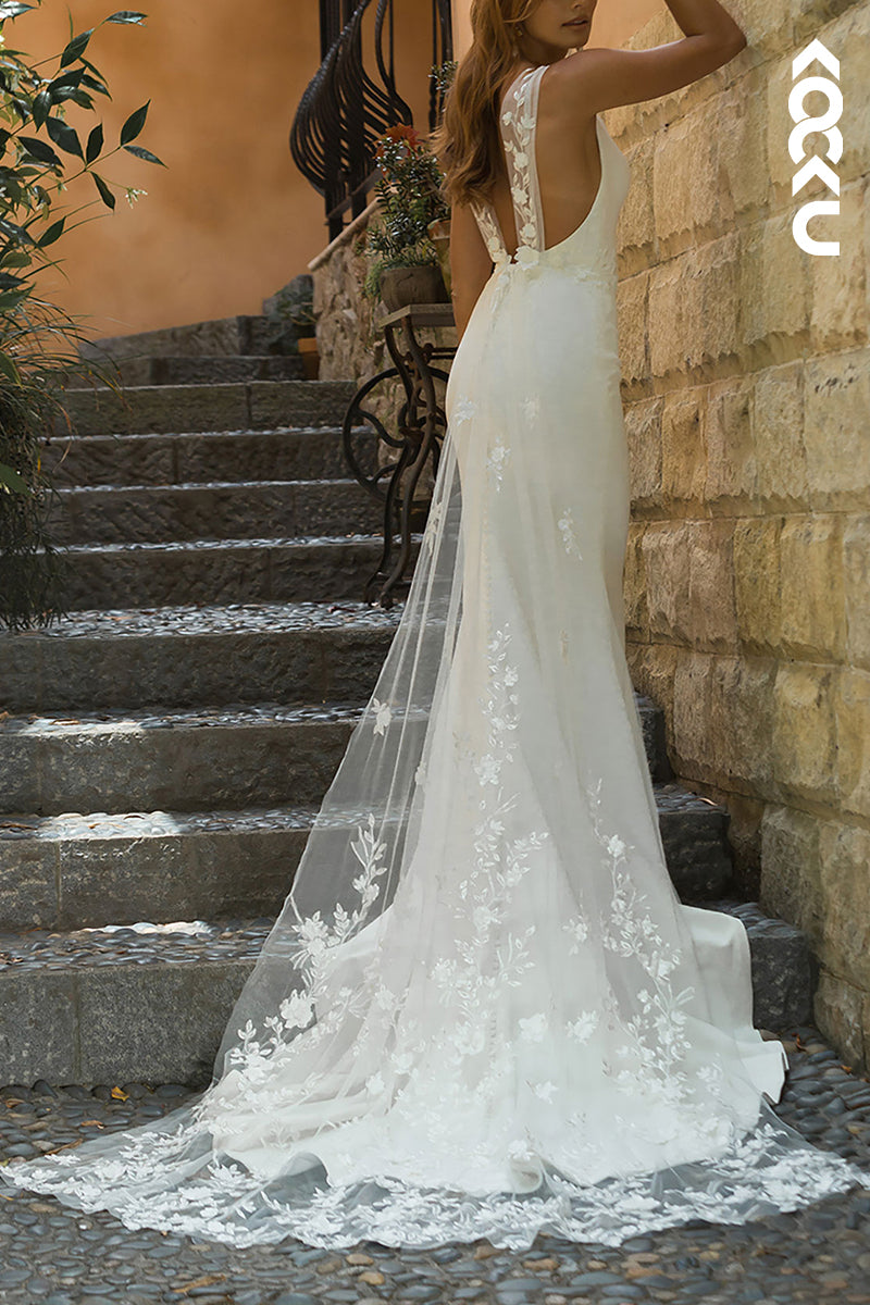 K1539 - Low V-Neck Sleeveless Lace Appliqued Satin Mermaid Long Wedding Dress