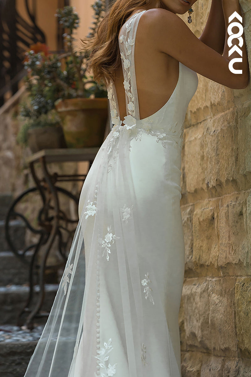 K1539 - Low V-Neck Sleeveless Lace Appliqued Satin Mermaid Long Wedding Dress