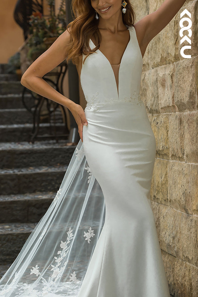 K1539 - Low V-Neck Sleeveless Lace Appliqued Satin Mermaid Long Wedding Dress