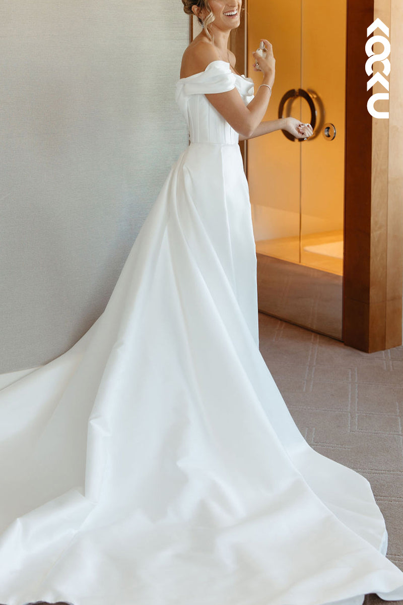 K1540 - Bateau Off-Shoulder Ruched Satin A-Line Long Wedding Dress With Slit