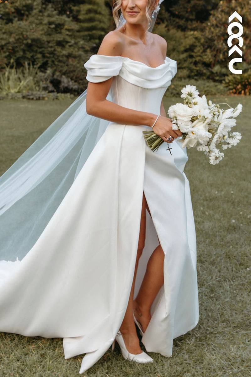 K1540 - Bateau Off-Shoulder Ruched Satin A-Line Long Wedding Dress With Slit