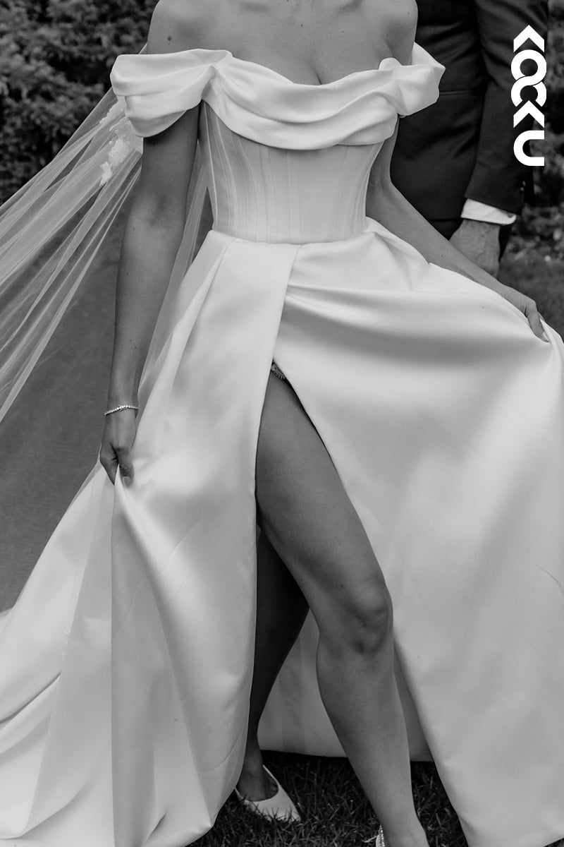 K1540 - Bateau Off-Shoulder Ruched Satin A-Line Long Wedding Dress With Slit