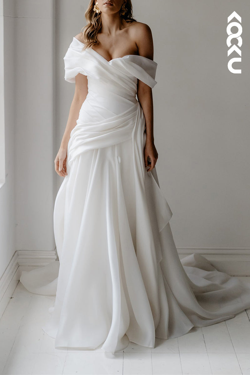 K1542 - Off-Shoulder Ruched Satin A-Line Long Wedding Dress With Sweep Train