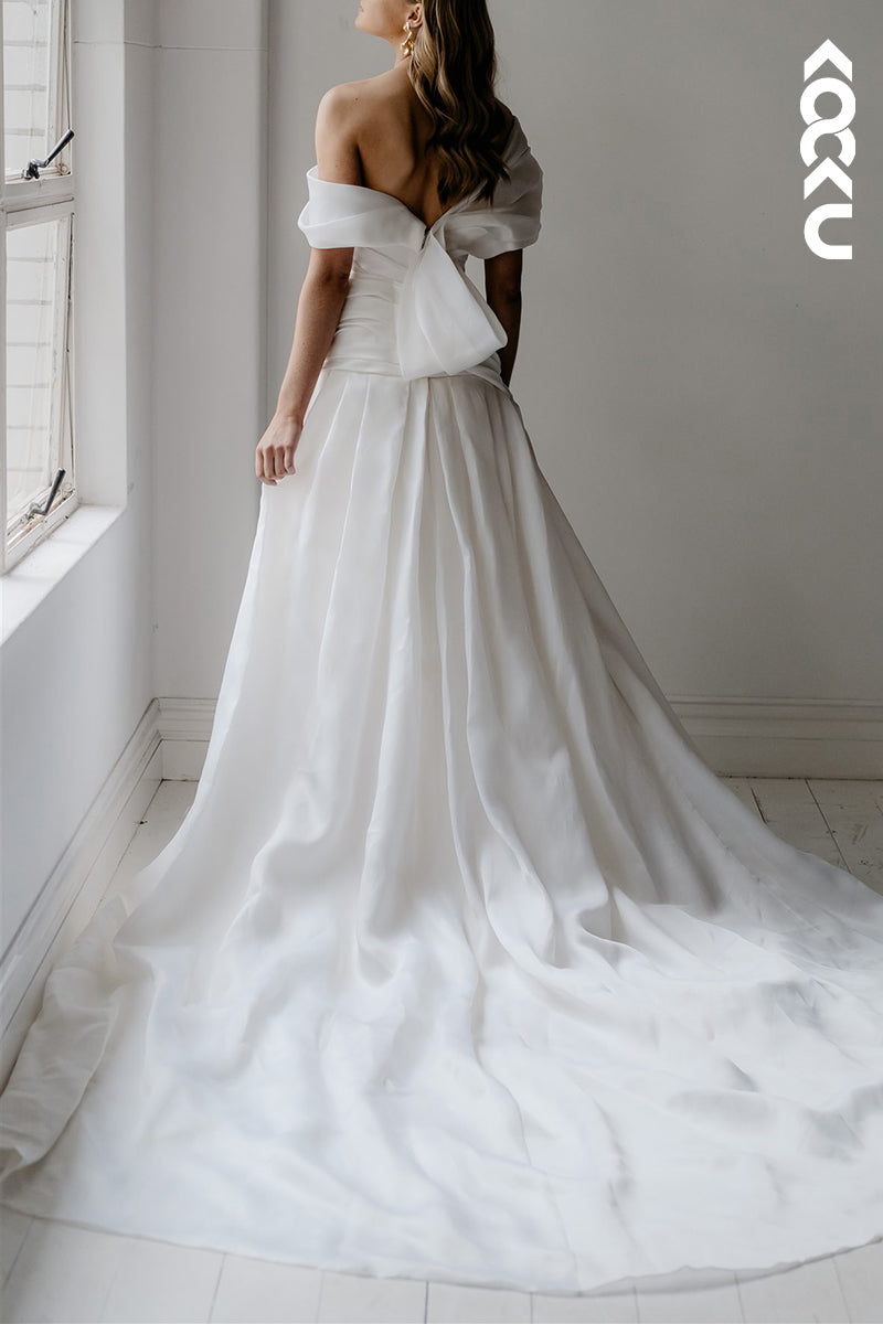 K1542 - Off-Shoulder Ruched Satin A-Line Long Wedding Dress With Sweep Train