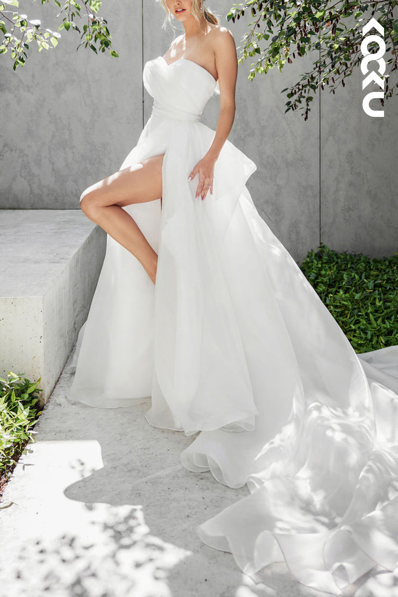 K1543 - Sweetheart Strapless Ruched Satin A-Line Long Wedding Dress With Slit