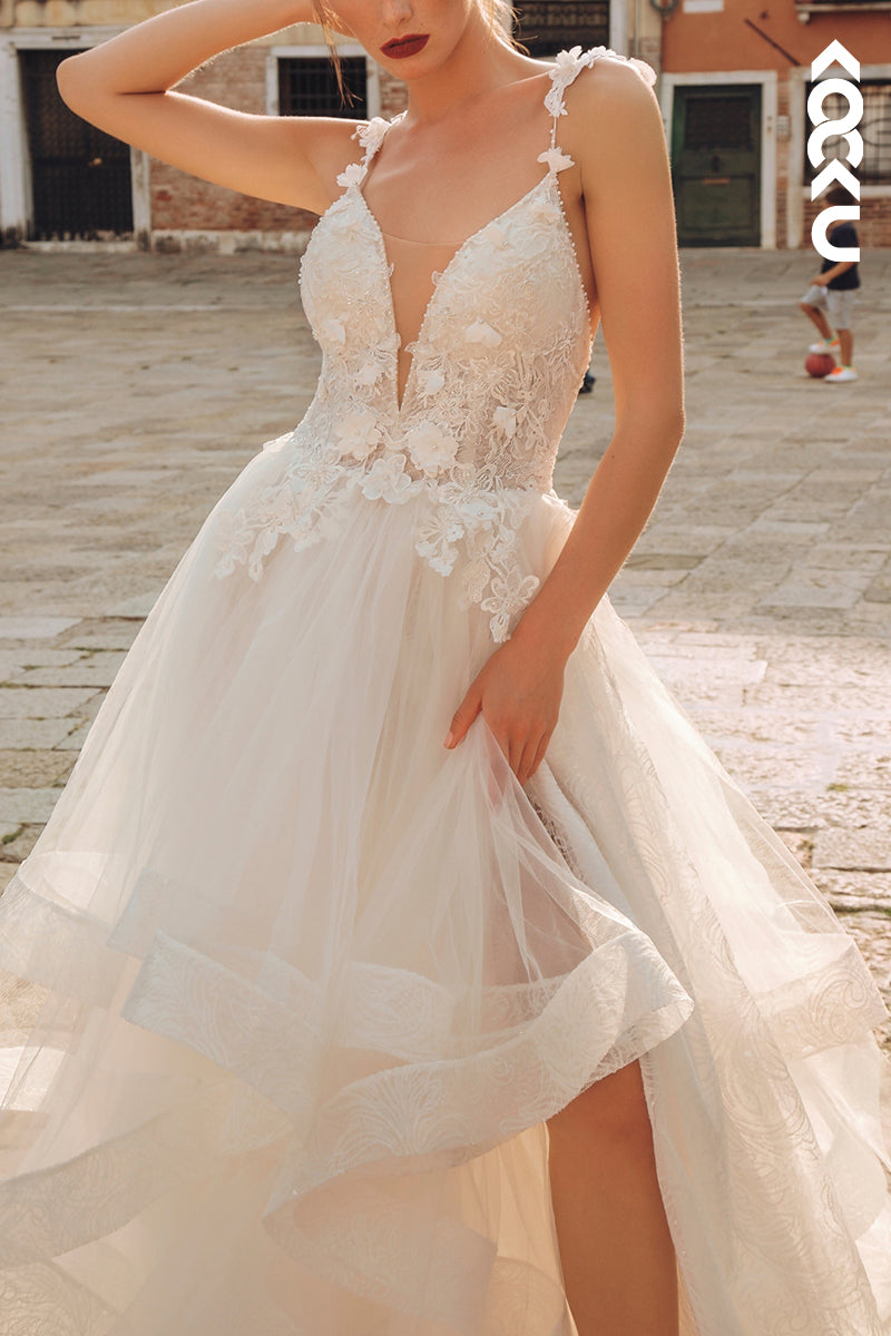 K1544 - Low V-Neck Lace Appliqued Sheer Tulle A-Line Long Wedding Dress