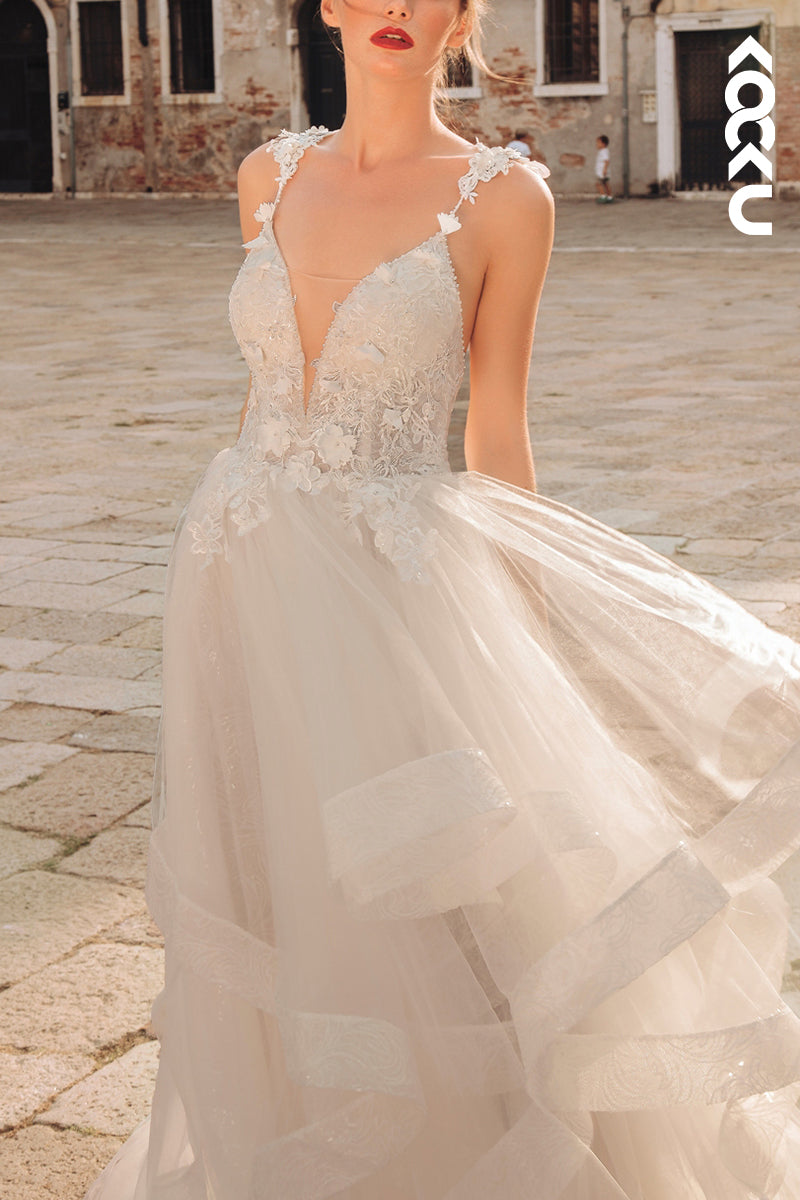 K1544 - Low V-Neck Lace Appliqued Sheer Tulle A-Line Long Wedding Dress