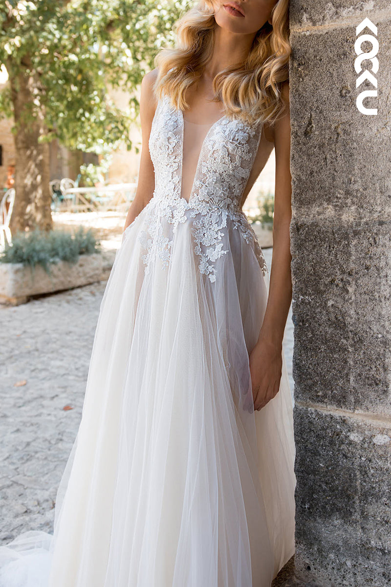 K1545 - Low V-Neck Lace Appliqued Sheer Tulle A-Line Long Wedding Dress