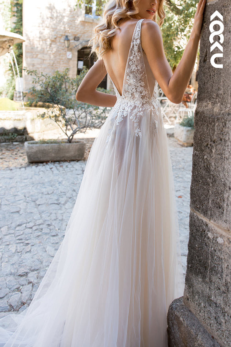 K1545 - Low V-Neck Lace Appliqued Sheer Tulle A-Line Long Wedding Dress