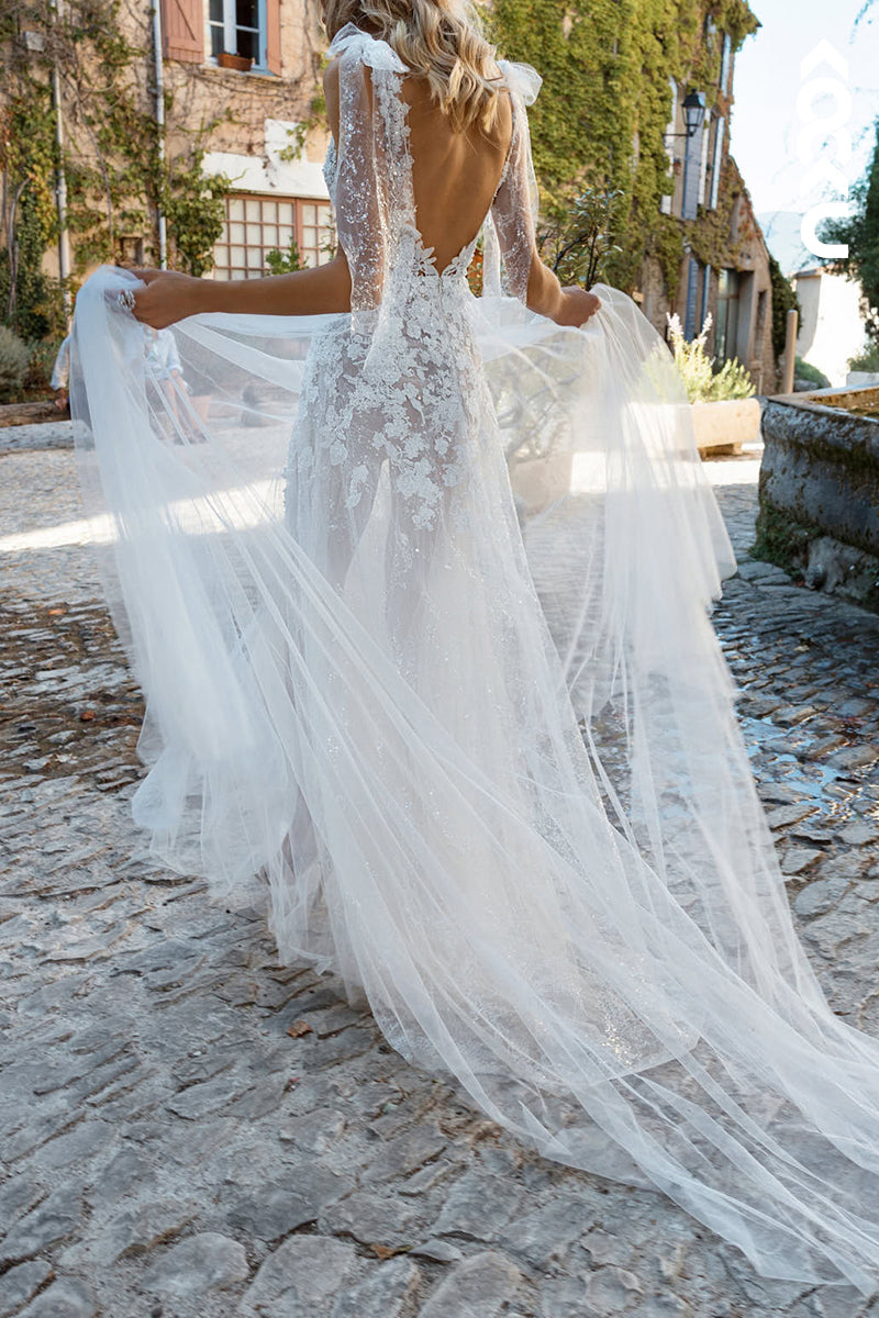 K1546 - Low V-Neck Lace Appliqued Sheer Tulle A-Line Long Wedding Dress