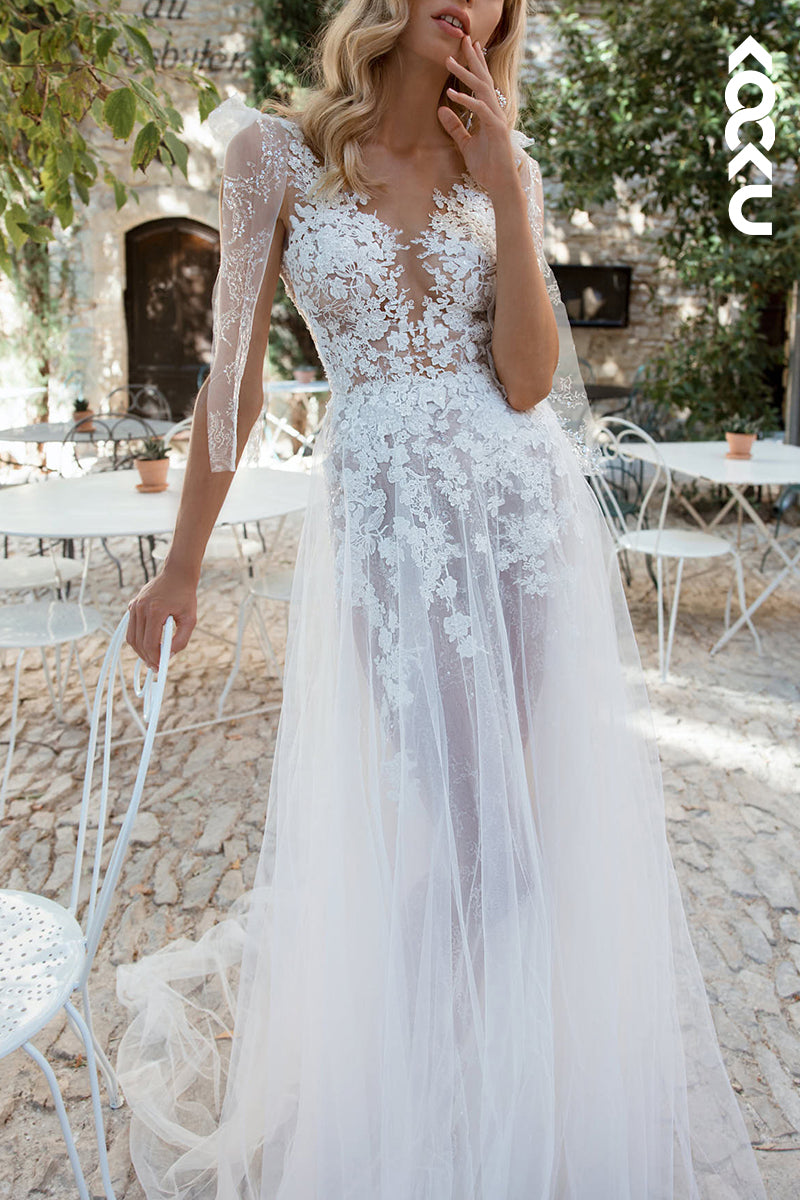 K1546 - Low V-Neck Lace Appliqued Sheer Tulle A-Line Long Wedding Dress