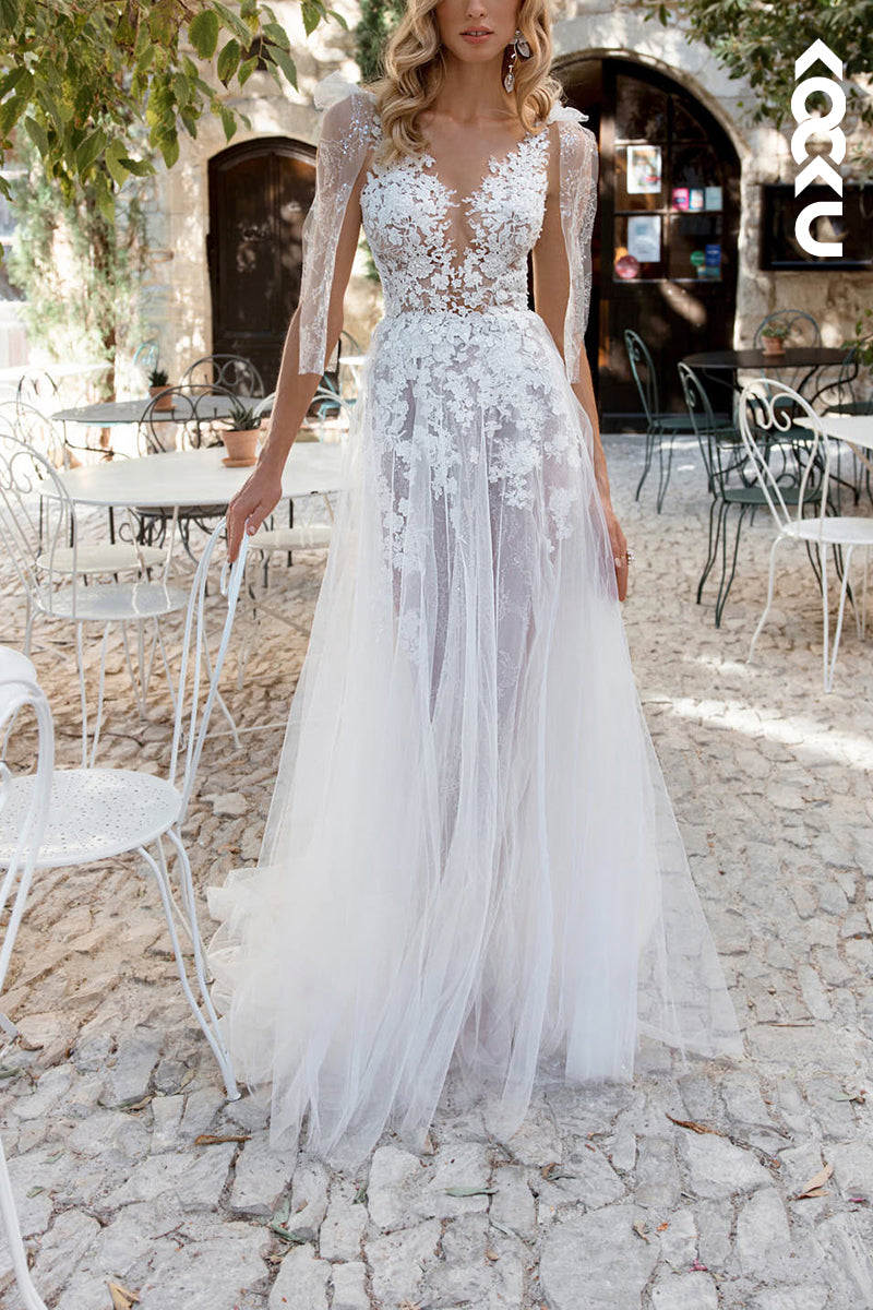 K1546 - Low V-Neck Lace Appliqued Sheer Tulle A-Line Long Wedding Dress