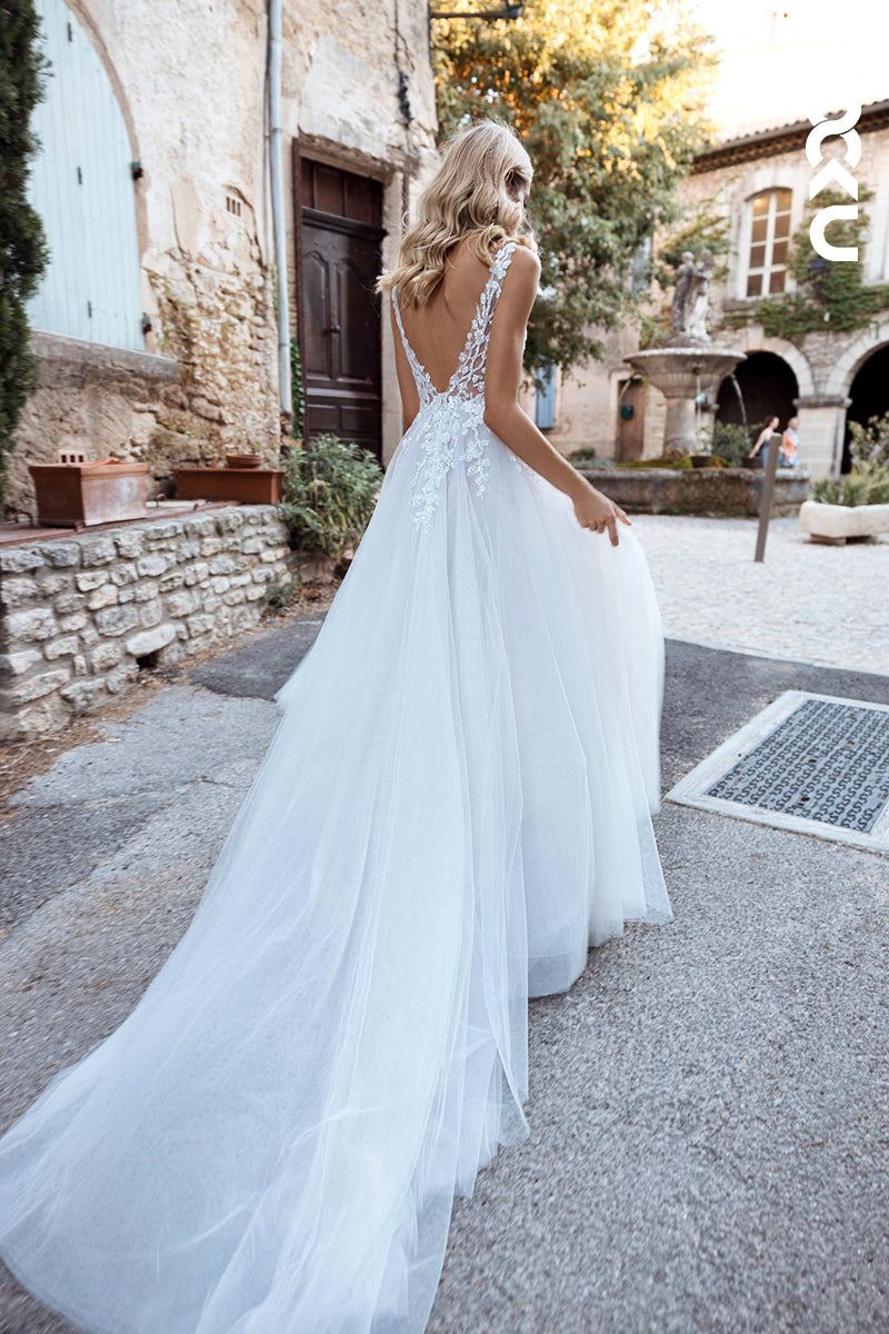 K1547 - Low V-Neck Lace Appliqued Sheer Tulle A-Line Long Wedding Dress