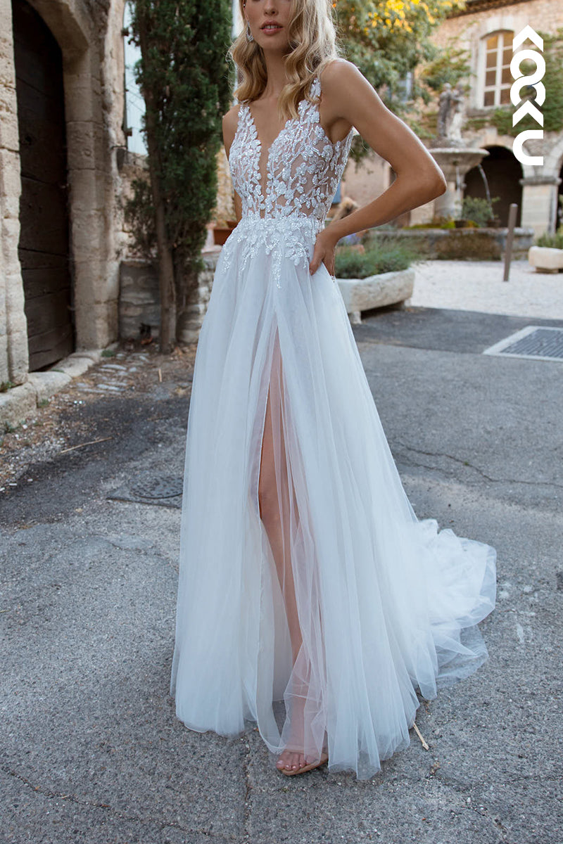 K1547 - Low V-Neck Lace Appliqued Sheer Tulle A-Line Long Wedding Dress