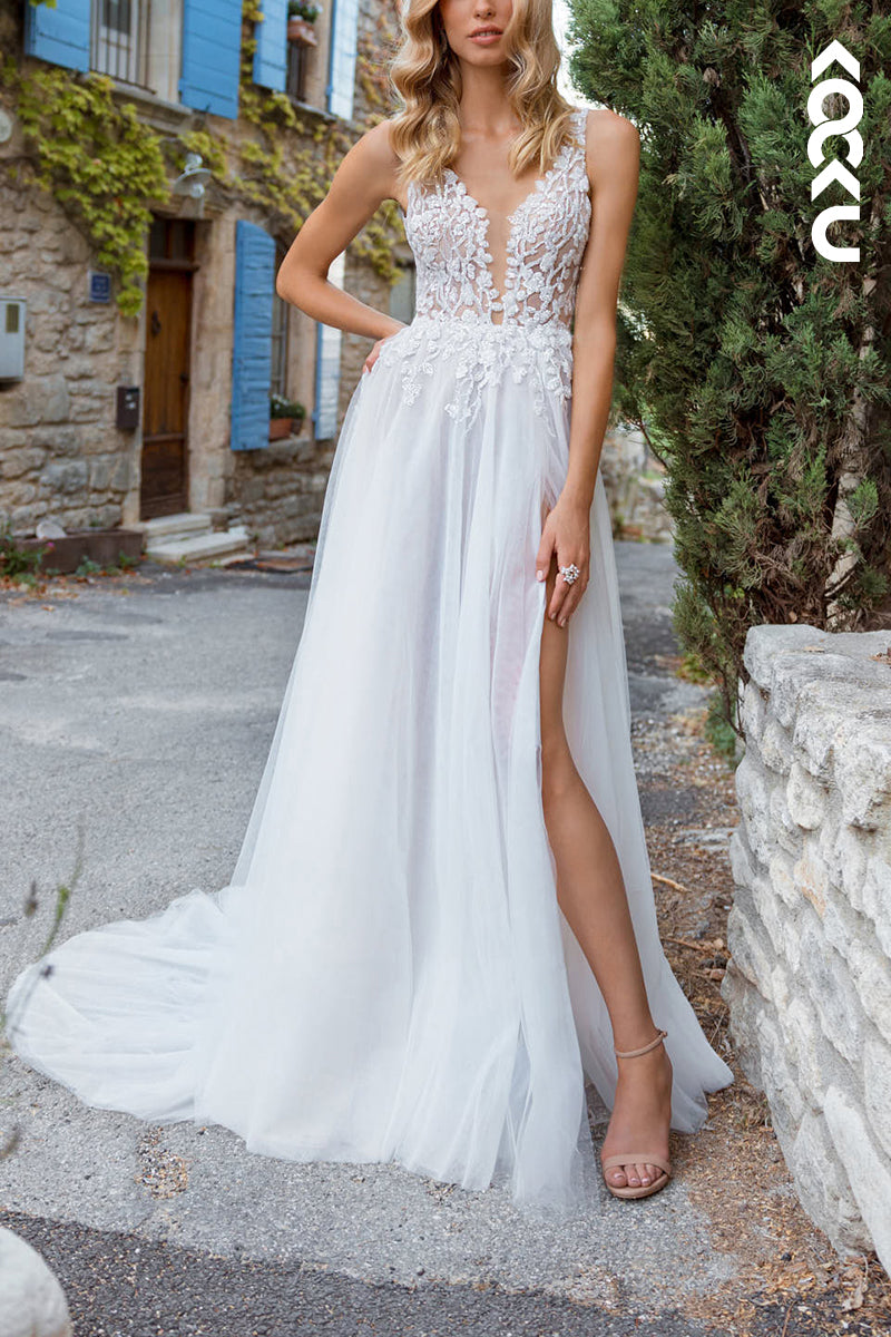 K1547 - Low V-Neck Lace Appliqued Sheer Tulle A-Line Long Wedding Dress