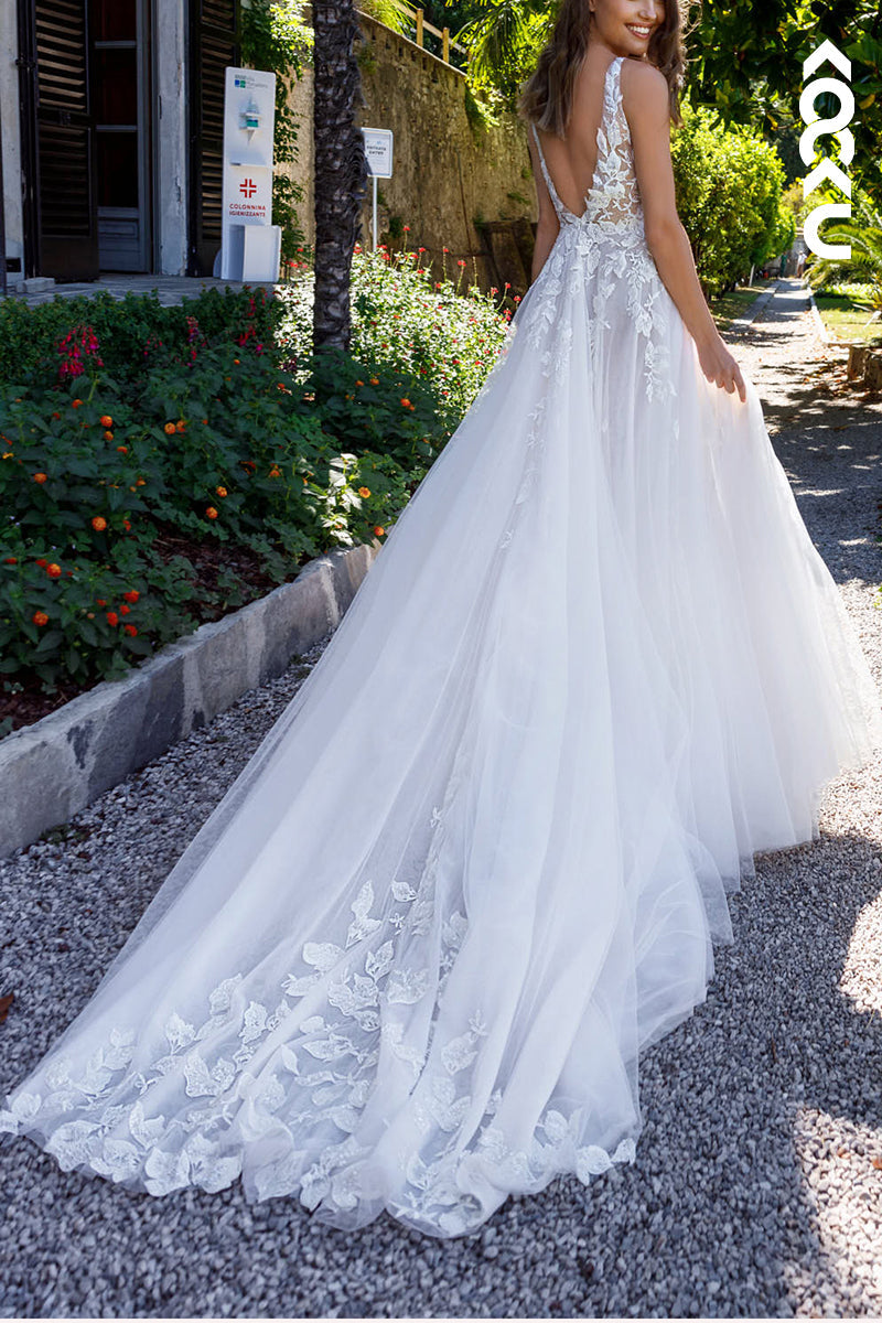 K1548 - Low V-Neck Lace Appliqued Sheer Tulle A-Line Long Wedding Dress