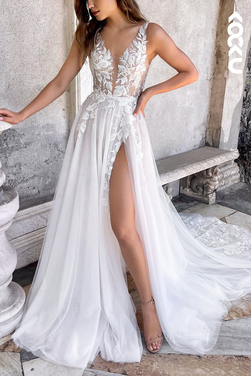 K1548 - Low V-Neck Lace Appliqued Sheer Tulle A-Line Long Wedding Dress