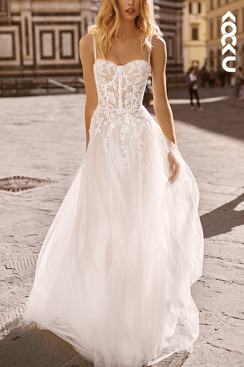 K1549 - Sweetheart Sleeveless Appliqued Sheer Tulle A-Line Long Wedding Dress