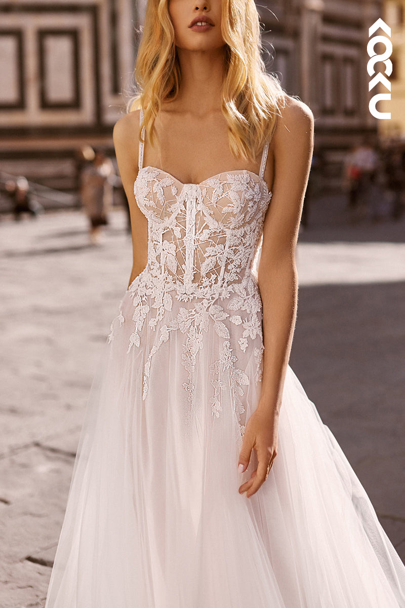 K1549 - Sweetheart Sleeveless Appliqued Sheer Tulle A-Line Long Wedding Dress