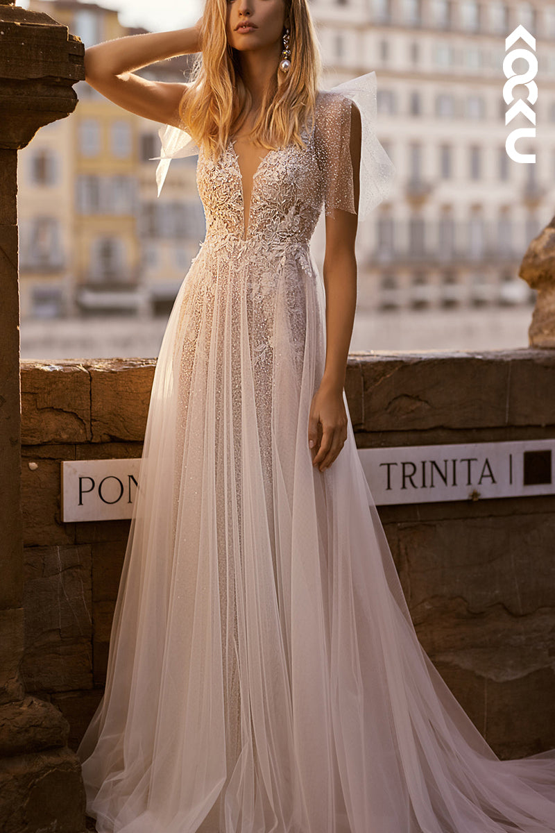 K1550 - Low V-Neck Sleeveless Beaded Sequined Tulle A-Line Long Wedding Dress