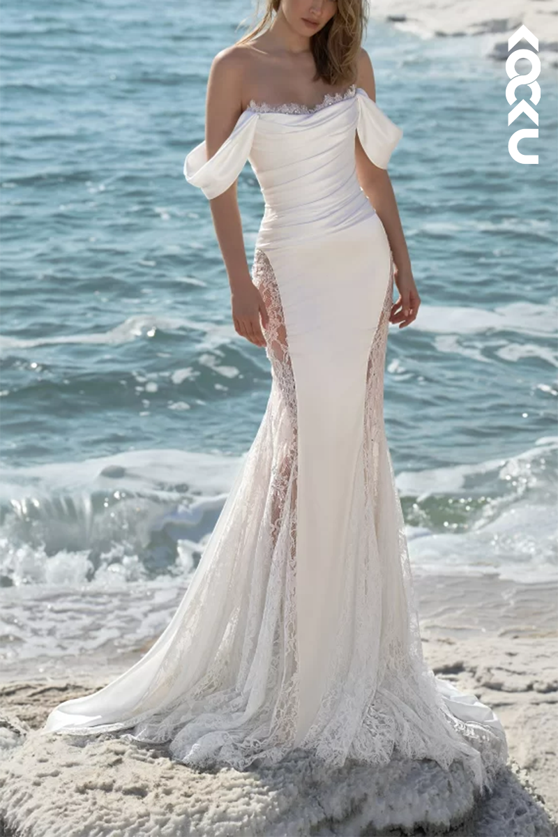 K1551 - Off-Shoulder Lace Long Sleeves Ruched Satin Mermaid Long Wedding Dress