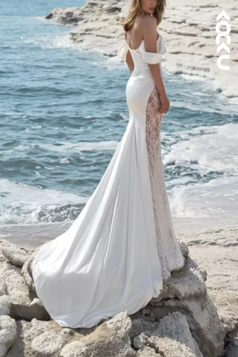 K1551 - Off-Shoulder Lace Long Sleeves Ruched Satin Mermaid Long Wedding Dress