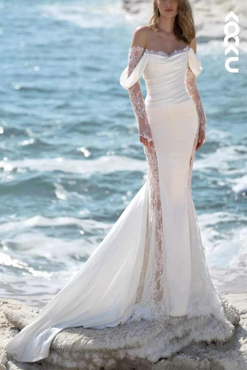 K1551 - Off-Shoulder Lace Long Sleeves Ruched Satin Mermaid Long Wedding Dress