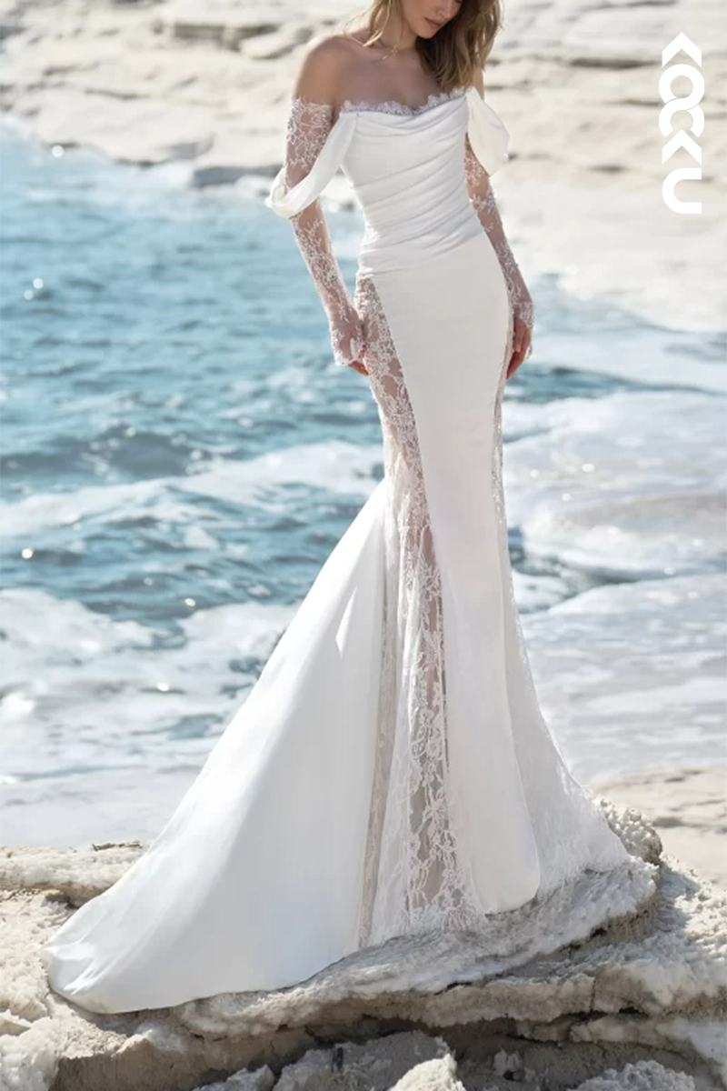 K1551 - Off-Shoulder Lace Long Sleeves Ruched Satin Mermaid Long Wedding Dress