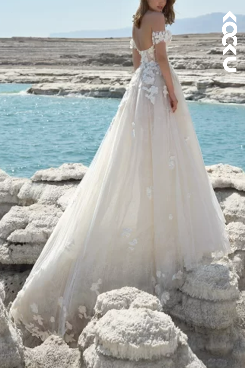 K1552 - Sweetheart Off-Shoulder Appliqued Tulle A-Line Long Wedding Dress