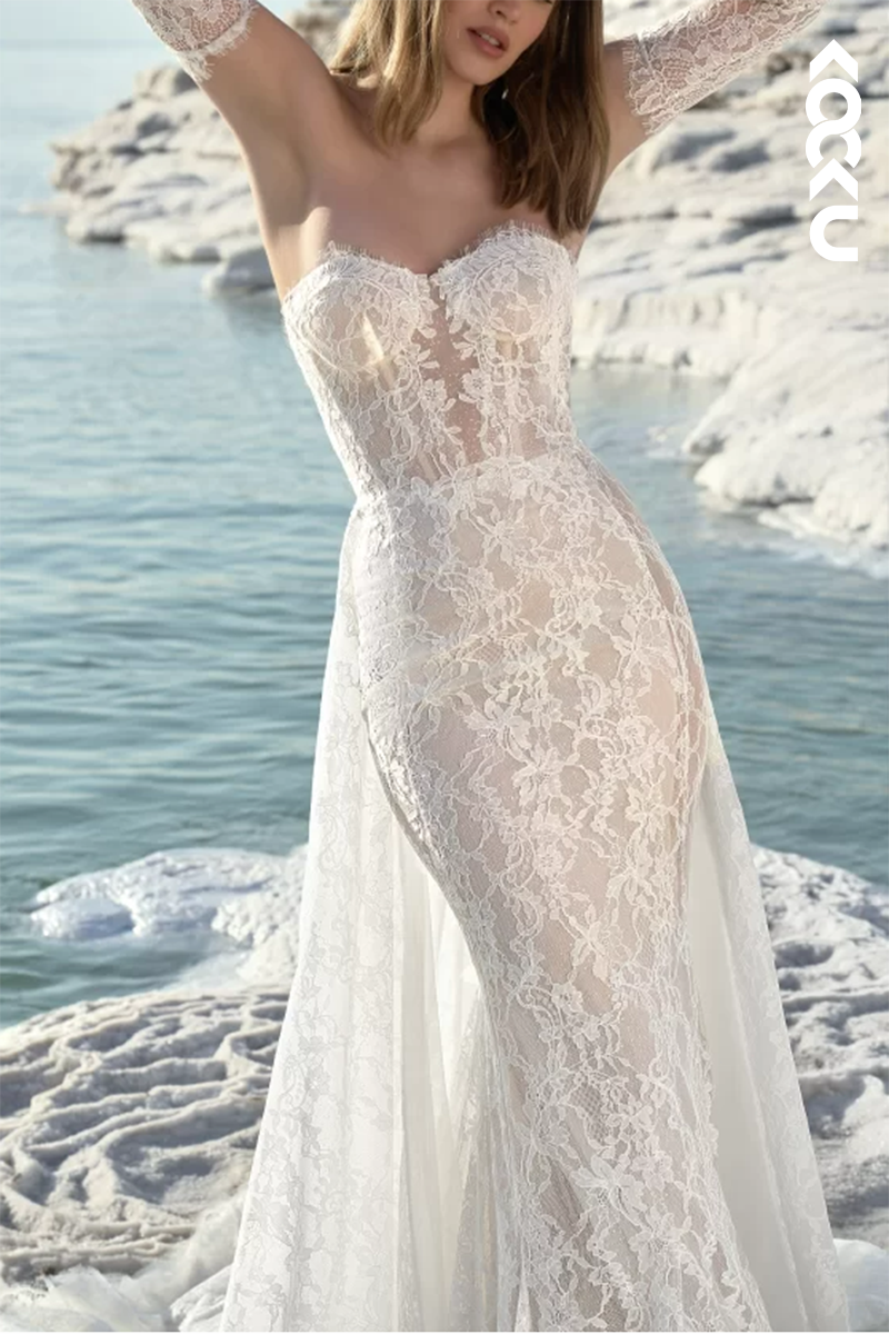 K1553 - Sweetheart Strapless Sheer Lace Mermaid Long Wedding Dress