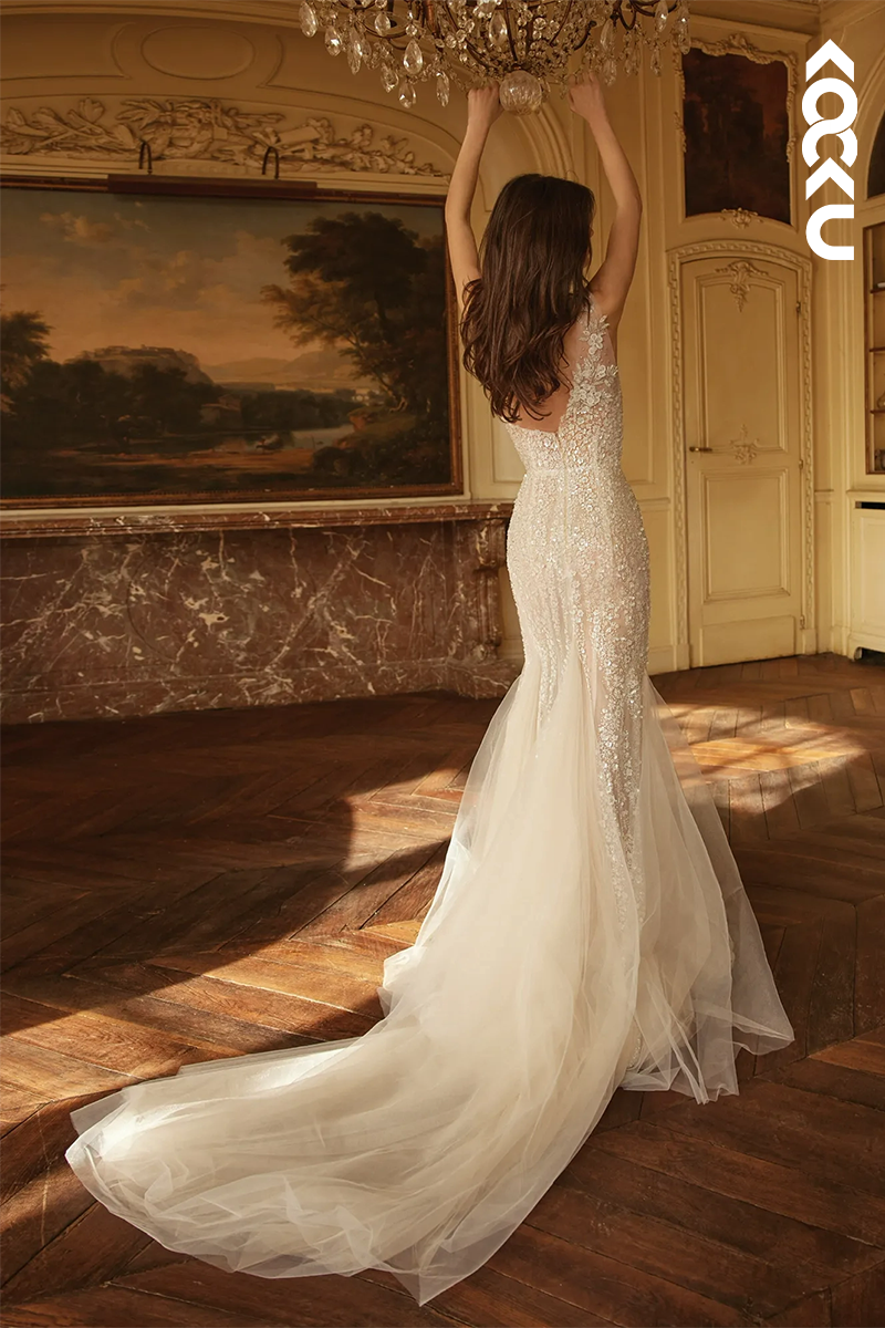 K1554 - One Shoulder Sequined Tulle Sheath Long Wedding Dress With Slit