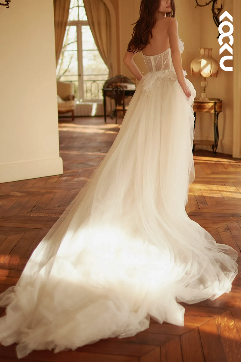 K1555 - Sweetheart Strapless Beaded Feather Sheer Tulle A-Line Long Wedding Dress