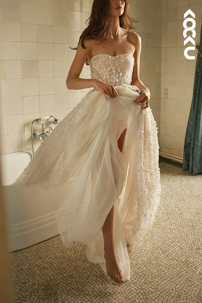 K1557 - Sweetheart Strapless Appliqued Beaded Tulle A-Line Long Wedding Dress