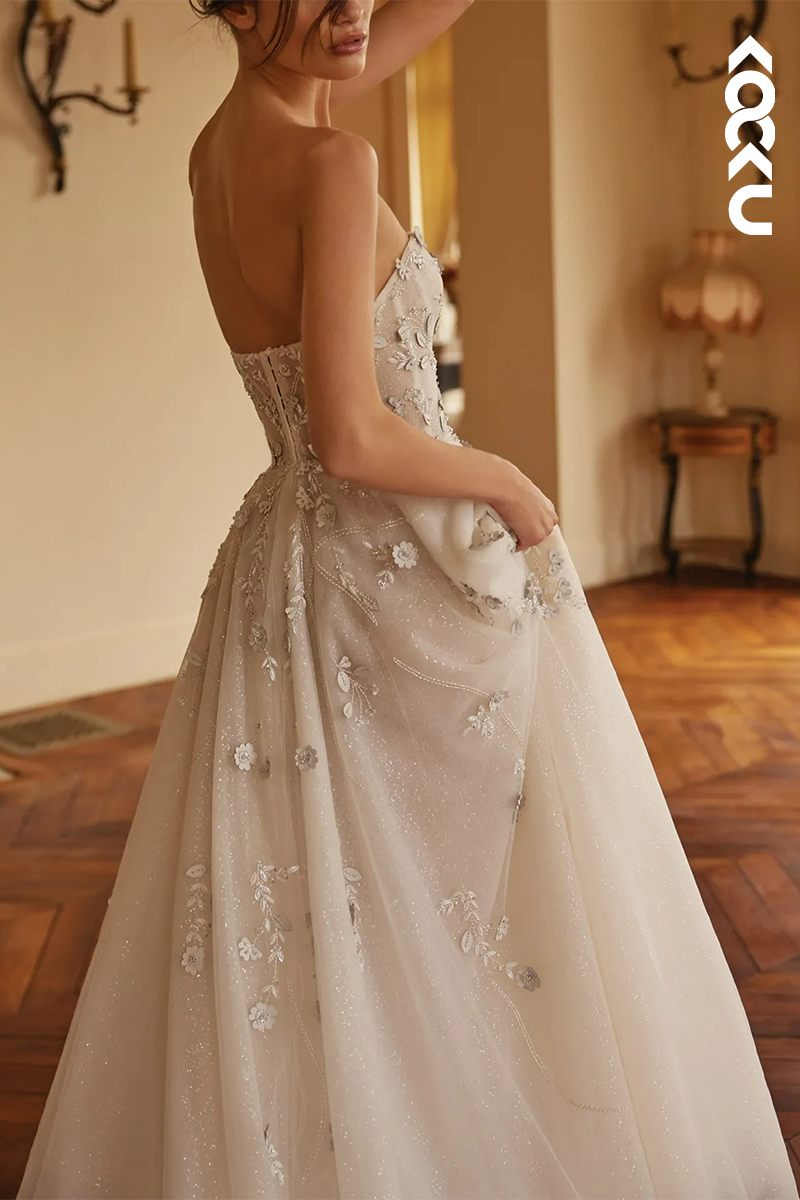 K1558 - Sweetheart Strapless Appliqued Sheer Tulle A-Line Long Wedding Dress