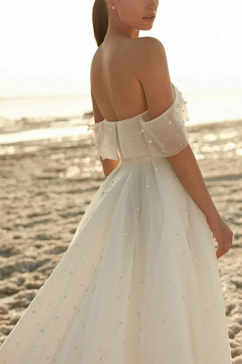 K1559 - Off-Shoulder Sleeveless Pearl Beaded Tulle A-Line Long Wedding Dress