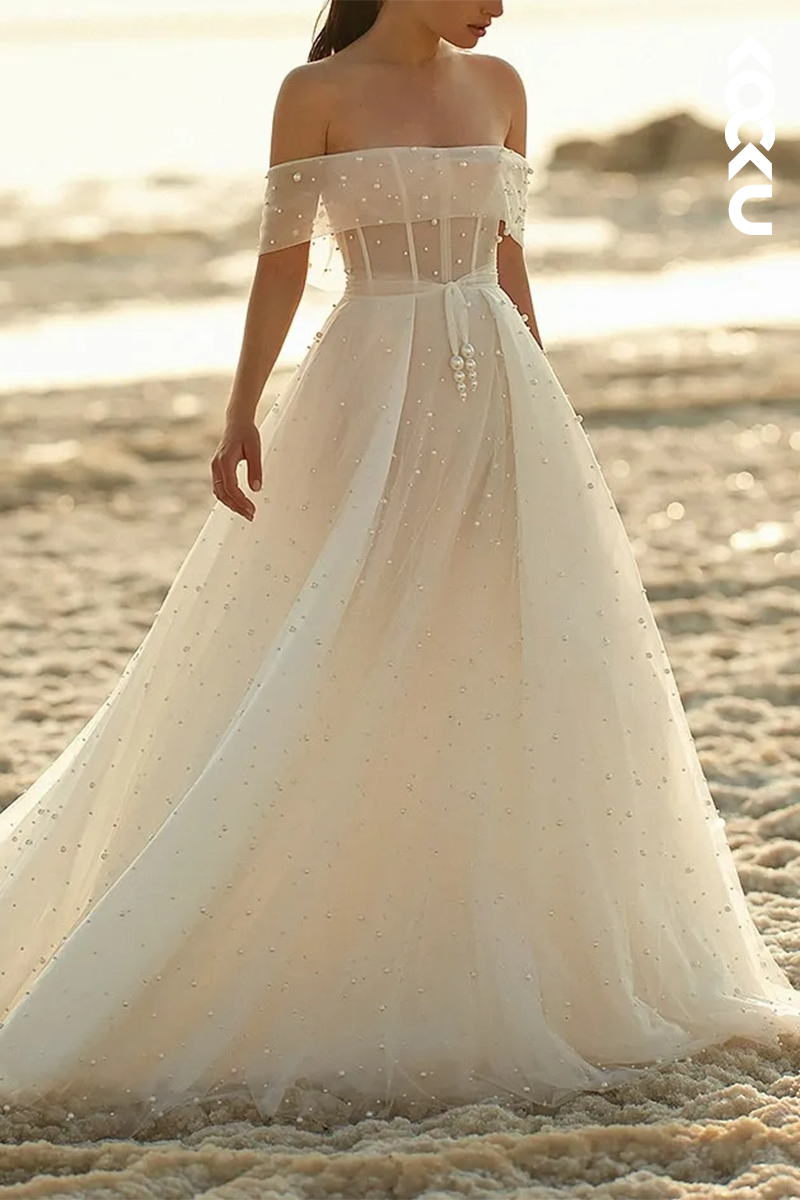 K1559 - Off-Shoulder Sleeveless Pearl Beaded Tulle A-Line Long Wedding Dress