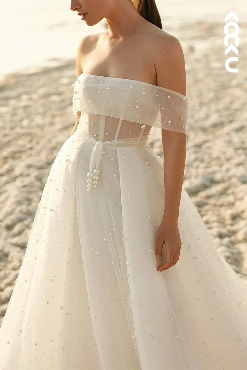 K1559 - Off-Shoulder Sleeveless Pearl Beaded Tulle A-Line Long Wedding Dress