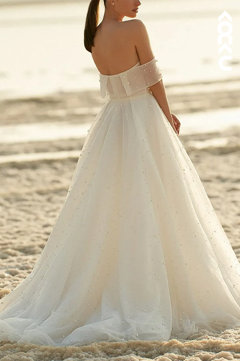 K1559 - Off-Shoulder Sleeveless Pearl Beaded Tulle A-Line Long Wedding Dress